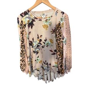 Ivy Jane Womens Long Sleeve Waffle Knit Floral Leopard Print Top Size S